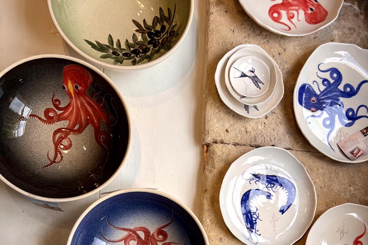 Hand-painted Greek ceramic octopus plates at RIZA Gift Shop in Kardamyli, Mani, Greece